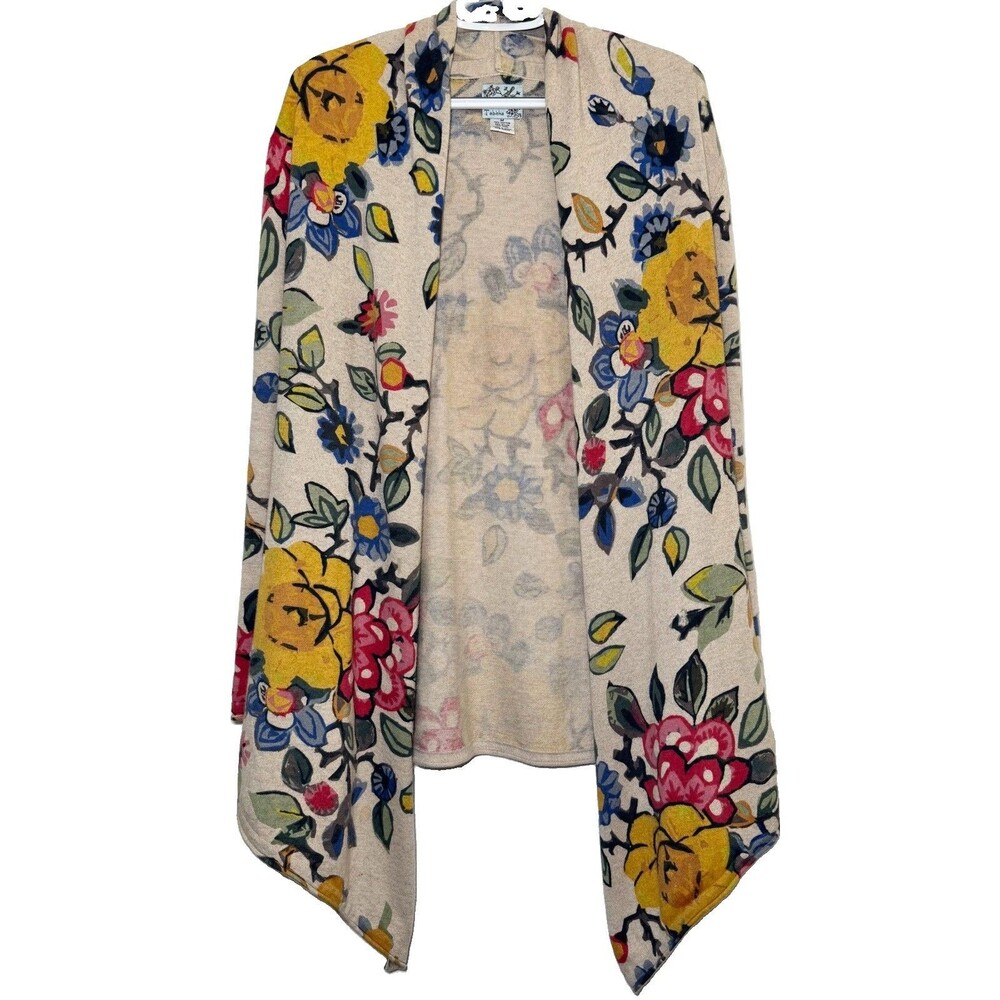 Tabitha Floral Open Front Cardigan Sweater M Beige Draped Waterfall Cotton Wool
